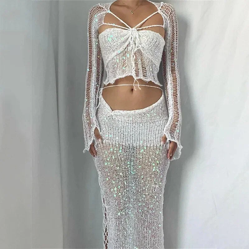 Sequins Crop Top and Skirt Glitter Set Sexy Crochet Matching Set