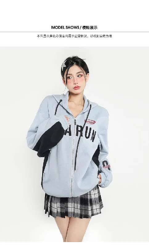 BEARUN Letter Embroidery Solid Color Baby Blue Patchwork Zip Up Long Sleeve Hoodie