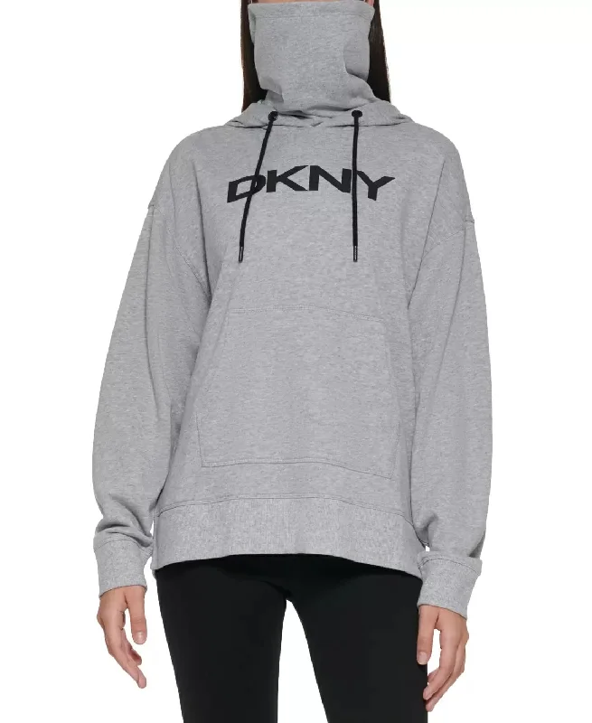 DKNY Sport Women's Face Mask Hooded Sweatshirt, Pearl Grey Heather, XL