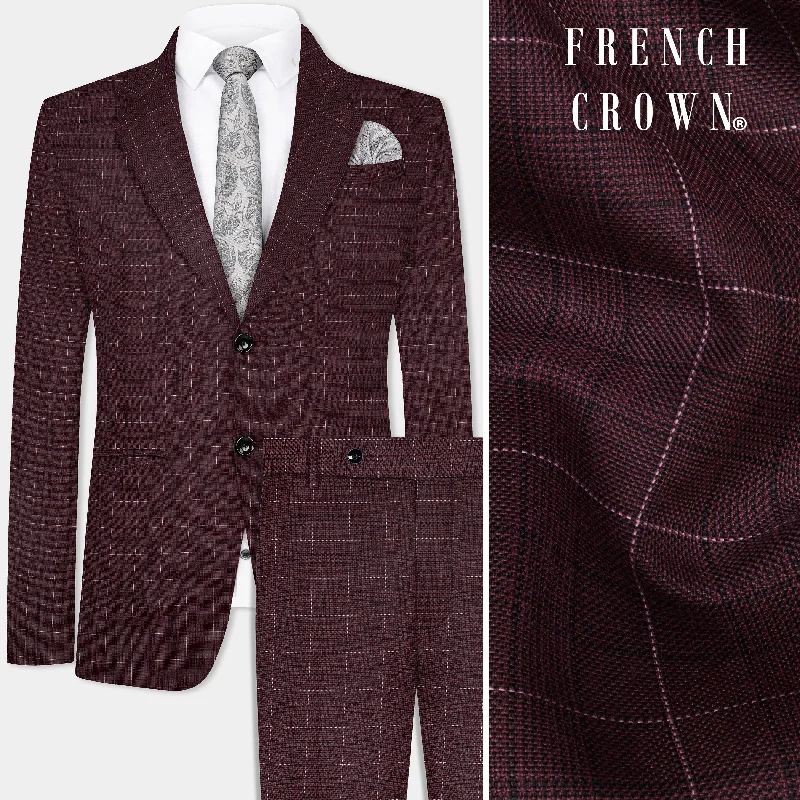 Iroko maroon Windowpane Wool Rich Single Breasted Suit