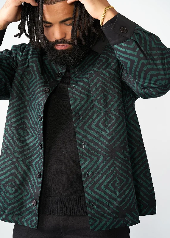 Obike Men's African Print Shirt Jacket  (Malachite Diamond Adire)