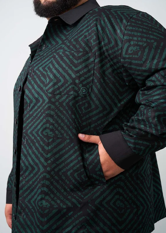 Obike Men's African Print Shirt Jacket  (Malachite Diamond Adire)