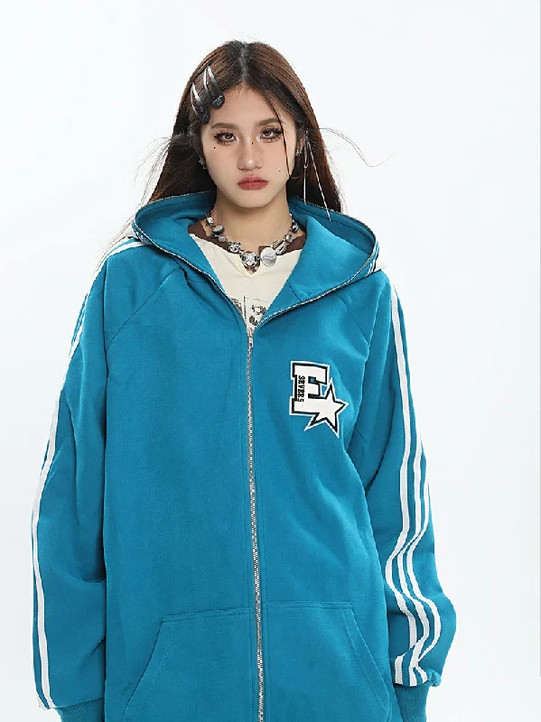 SEVERSTAS Letter Embroidery Stripe Long Sleeve Zip Up Hoodie