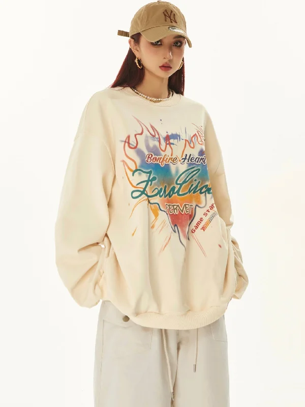 ZeroCircle Graphic Letter Print Flaming Heart Apricot Long Sleeve Sweatshirt