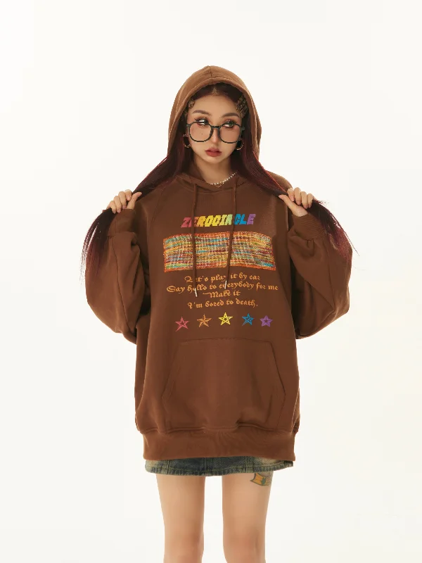 ZEROCIRCLE Rainbow Graphic Letter Print Solid Color Brown Long Sleeve Hoodie