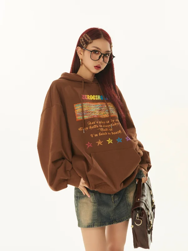 ZEROCIRCLE Rainbow Graphic Letter Print Solid Color Brown Long Sleeve Hoodie